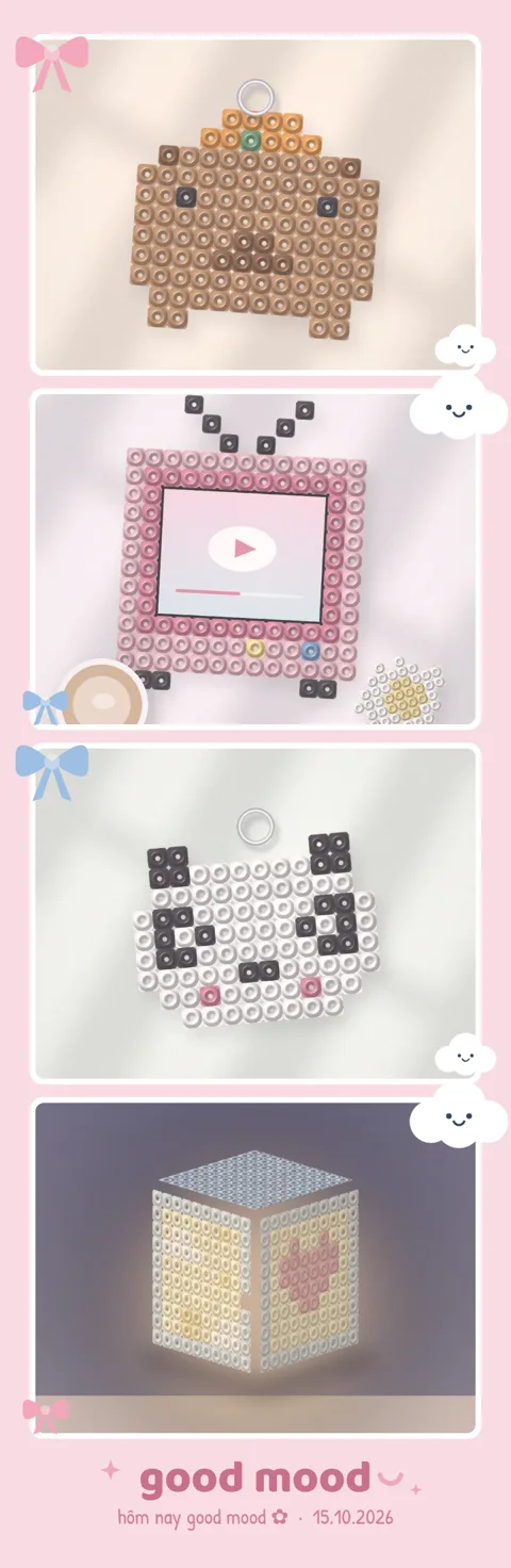 Dải ảnh photobooth 4 tấm khung hồng đào có sticker nơ và mây